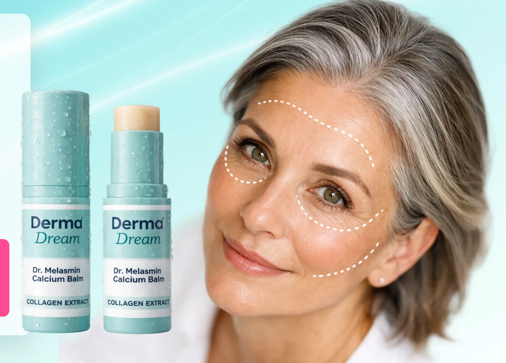 Derma Dream balm sticks beside a woman with skincare guide markings